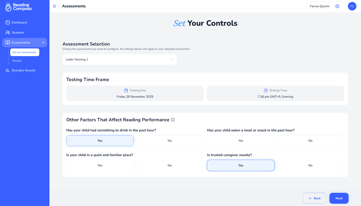 Assessment setup and configuration screen